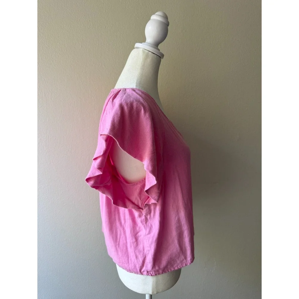 Marc New York Pink Womens S V-Neck Linen Blend Flutter Sleeve Preppy Chic Blouse